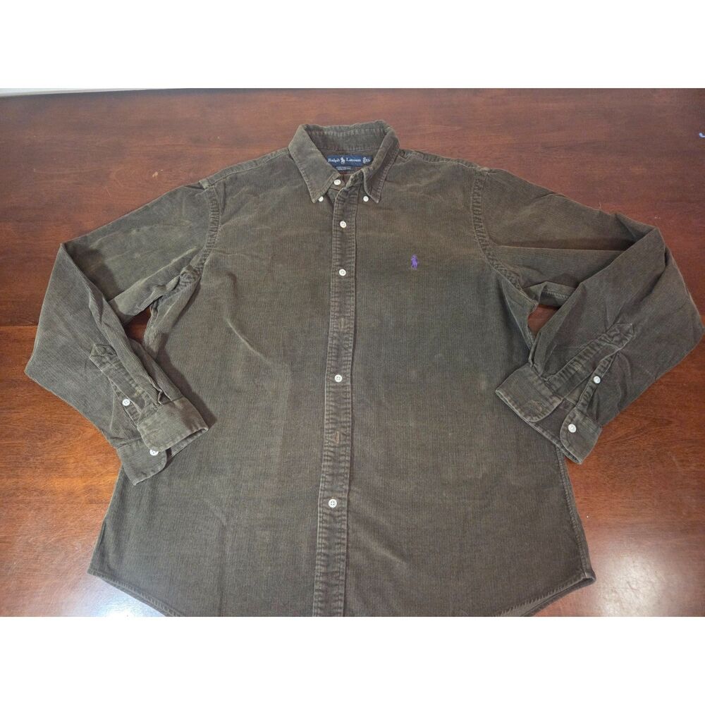 Ralph Lauren Polo Custom Fit Corduroy Shirt XL Brown Purple Logo Casual